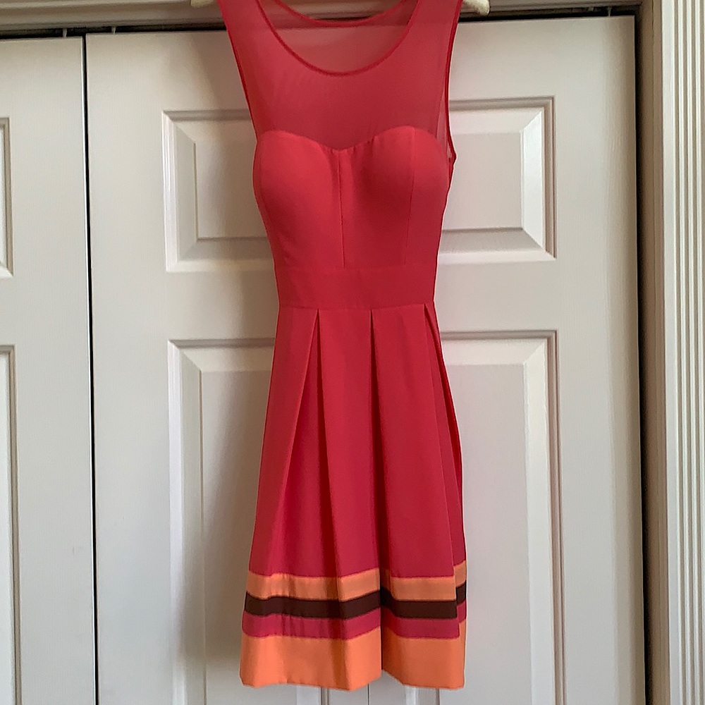 Guess coral dress w/striped band hemline and sheer bodice